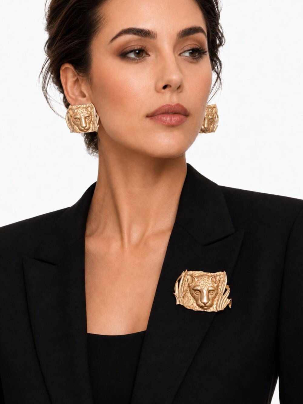 Park Lane Leopard Brooch Pendant Earrings Set Vintage 80s Gold Tone Big Cat